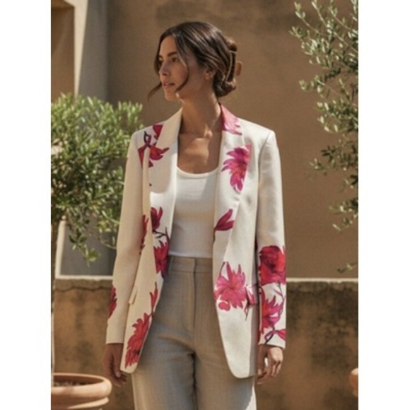 Zara Jackets & Blazers - Zara Floral‎ Print Satin Effect Blazer Womens Large Cream Pink Open Front Jacket